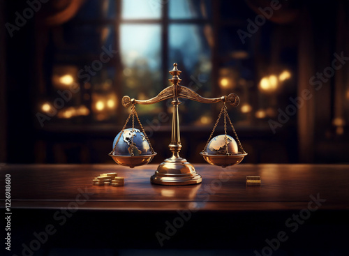 A brass scale, holding globes in each pan, sits on a dark wooden table.  Candles and a window are softly lit in the background, suggesting a contemplative, possibly legal, setting.  Gold bars rest nea photo