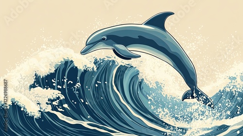 Wallpaper Mural A stylized ocean wave with a dolphin jumping through it, created with clean lines. picture Torontodigital.ca