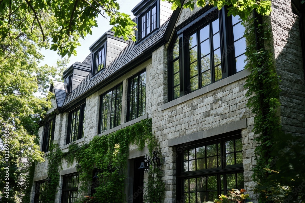 Fototapeta premium Elegant stone house with large windows and green vines on a sunny day in a serene neighborhood, showcasing modern architectural design and natural beauty