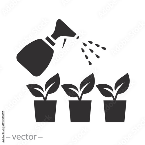 moistening seedling with spray bottle, spraying plants icon, flat vector illustration