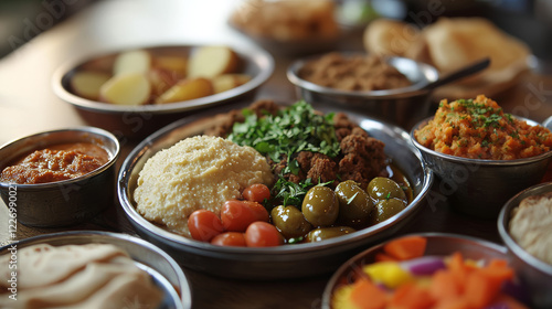 Jewish cuisine kosher dinner icon with beef, potato and bean stew cholent, hummus, egg and meatballs in tomato sauce, chicken with olives, chicken noodle and lamb chickpea soups, dry fruit dessert photo