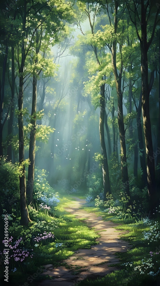 Obraz premium A peaceful forest path with towering trees and soft light filtering through