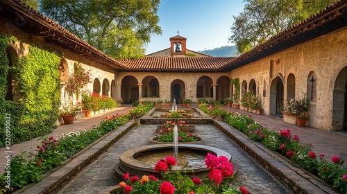 A tranquil monastery courtyard with blooming flowers and flowing fountains. picture