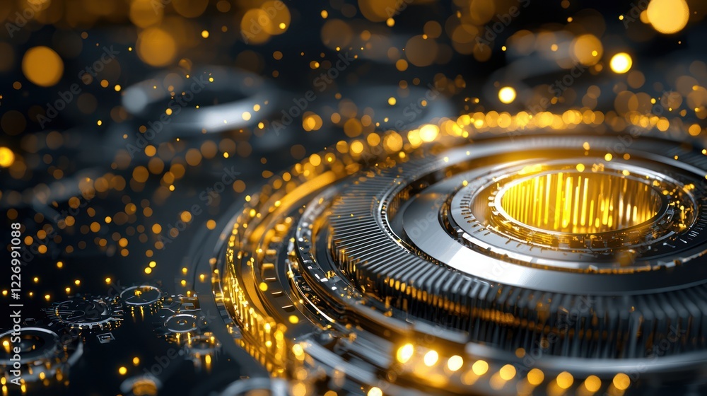 A close-up of a futuristic, circular design featuring glowing golden elements and particles, evoking a sense of technology and innovation. A close-up of a futuristic, circular design featuring glowing golden elements and particles, evoking a sense of technology and innovation.