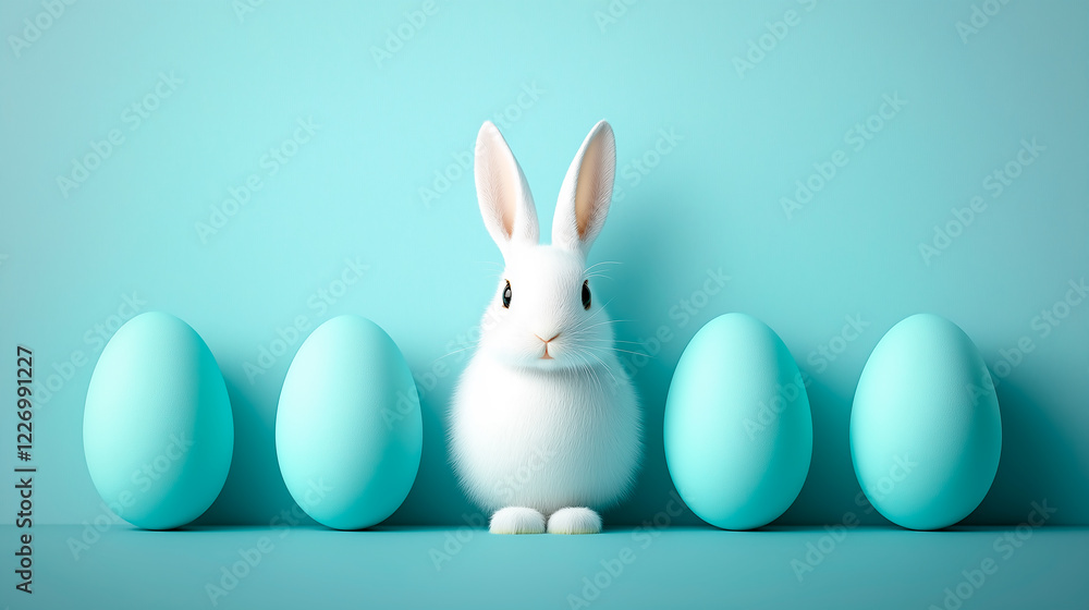 Easter party concept. Composition of easter bunny and eggs on pastel background with copyspace template for greetein card Easter party concept. Composition of easter bunny and eggs on pastel background with copyspace template for greetein card