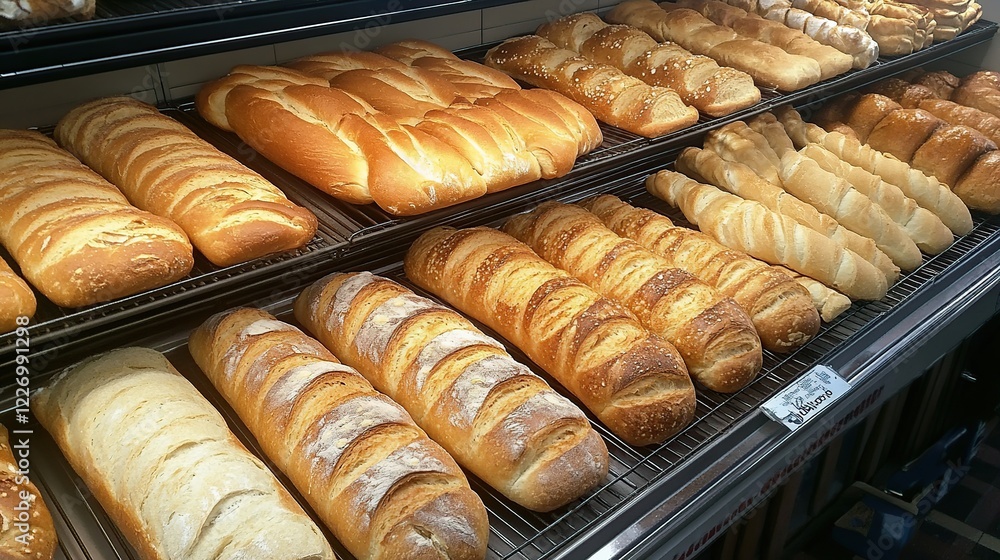 Bakery display, loaves, bread, shop, shelves, golden, crusty, delicious, food, store Bakery display, loaves, bread, shop, shelves, golden, crusty, delicious, food, store