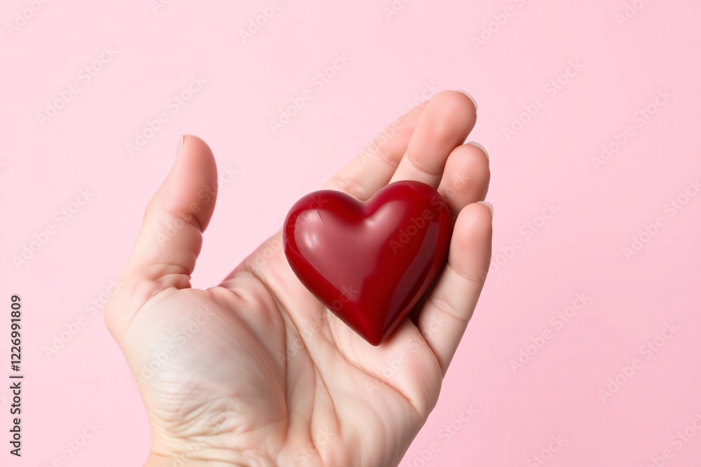 Hand holding a red heart on a pink background showing love and care Hand holding a red heart on a pink background showing love and care