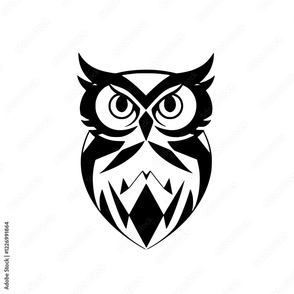 Geometric Owl: Black and White Tribal Bird Design. Perfect for logos, prints, and more. A striking vector illustration of a stylized owl with a geometric pattern. Geometric Owl: Black and White Tribal Bird Design. Perfect for logos, prints, and more. A striking vector illustration of a stylized owl with a geometric pattern.