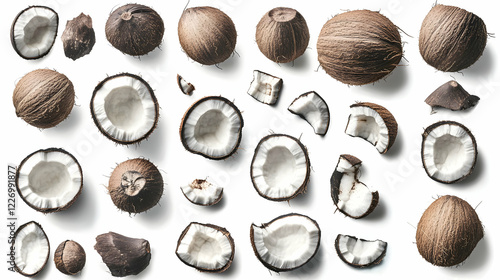 Whole and halved coconuts on white background photo