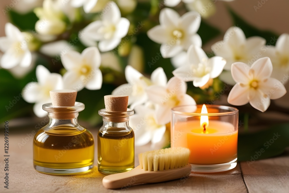 peaceful composition with delicate jasmine blossoms essential oils and aromatic candle for use in beauty spa and meditation projects peaceful composition with delicate jasmine blossoms essential oils and aromatic candle for use in beauty spa and meditation projects