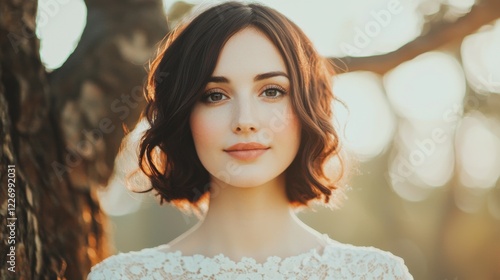 Hairstyle cut vintage concept. Captivating Portrait of a Stylishly Coiffed Woman with Soft Curly Waves in Natural Outdoor Setting photo