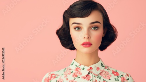 Hairstyle cut vintage concept. Captivating Retro Inspired Beauty Portrait with Floral Accents