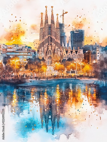 Watercolor artwork of Barcelona with Sagrada Familia