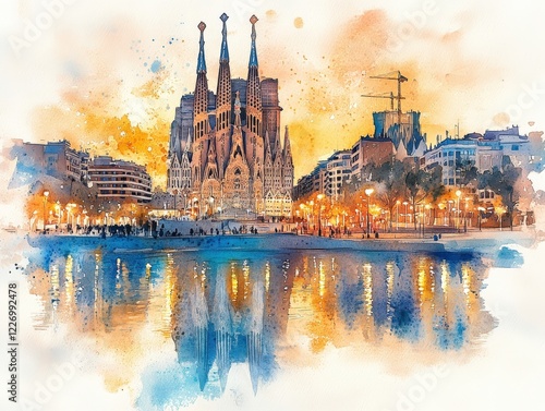 Watercolor artwork of Barcelona with Sagrada Familia