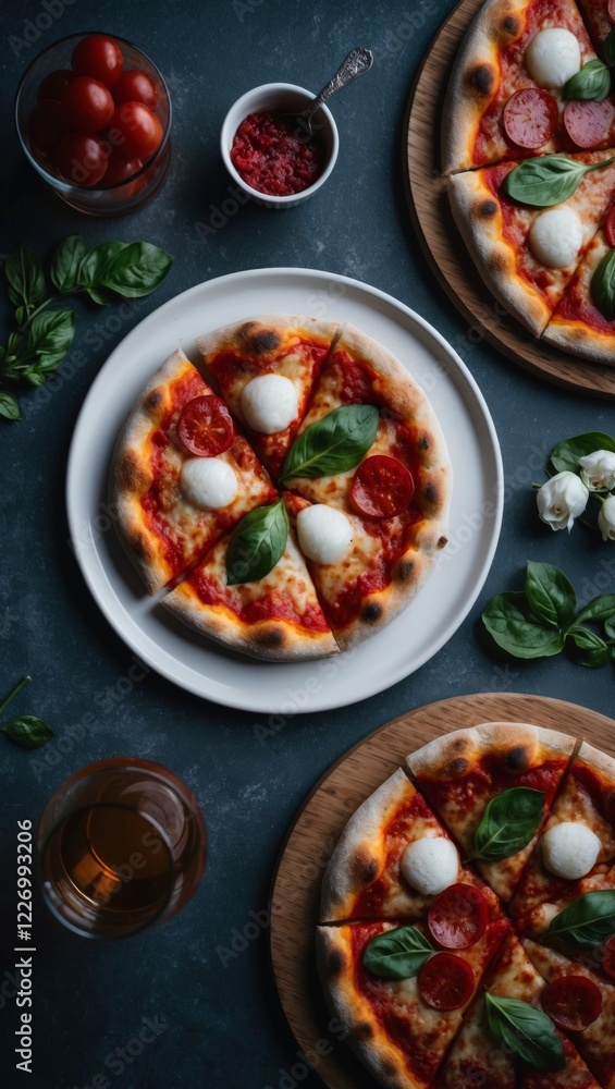 A freshly baked pepperoni pizza with melted cheese, black olives, mushrooms, and fresh basil leaves, presented on a dark background. A freshly baked pepperoni pizza with melted cheese, black olives, mushrooms, and fresh basil leaves, presented on a dark background.