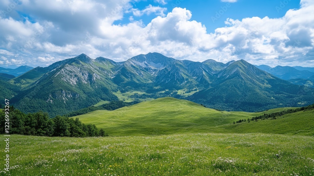 Fototapeta premium A breathtaking view of a lush green valley, cradled by majestic mountains under a clear blue sky.