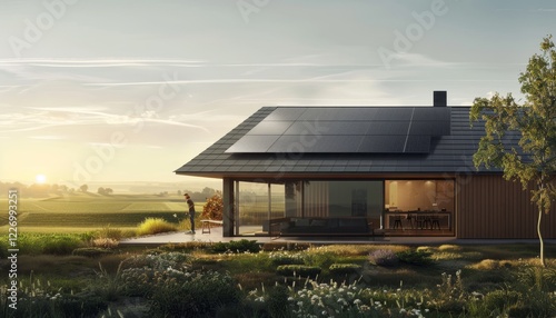 Pannelli fotovoltaici su un tetto spiovente di una casa moderna ecosostenibile, con il sole che splende in un cielo limpido, sfondo rurale