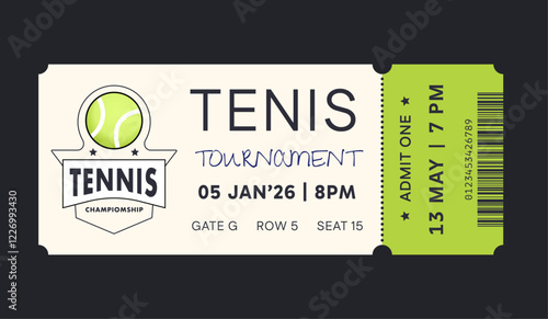 Tennis torn-off ticket template. Vector illustration of entrance ticket for tennis day. Modern linear badge design with ball. Editable stroke.