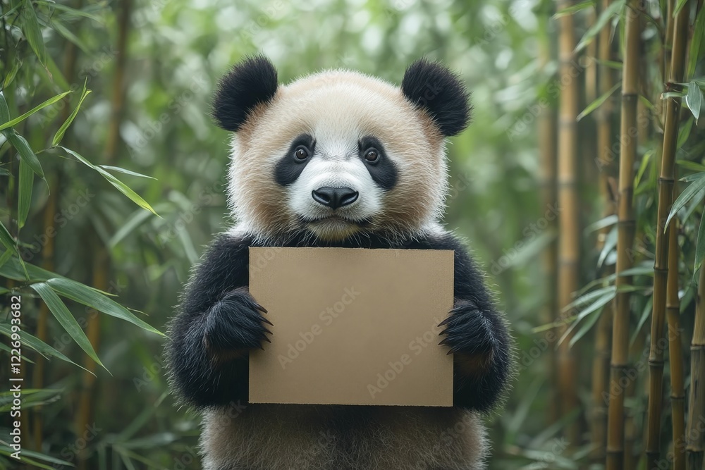 Fototapeta premium Panda holding a blank sign in a lush bamboo forest setting