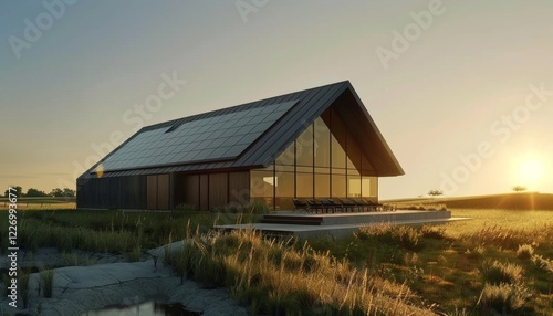 Pannelli fotovoltaici su un tetto spiovente di una casa moderna ecosostenibile, con il sole che splende in un cielo limpido, sfondo rurale photo