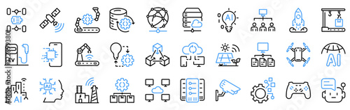 Industry 4.0 web line icons. industrial revolution, smart factory, digital transformation, smart machine, automation and technology.