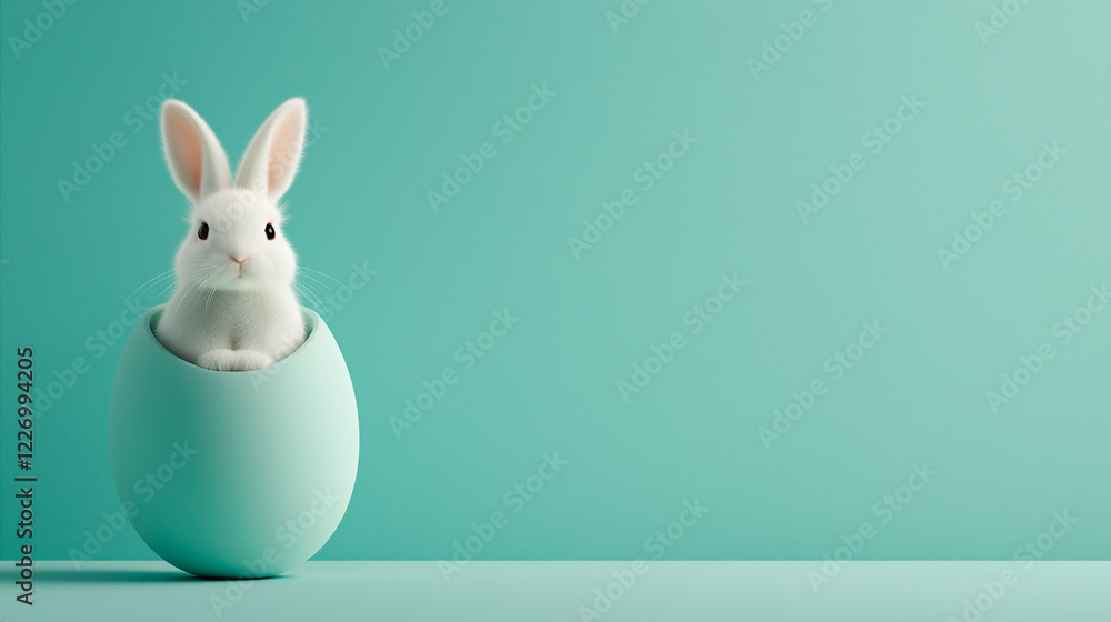 Obraz premium Easter party concept. Composition of easter bunny and eggs on pastel background with copyspace template for greetein card