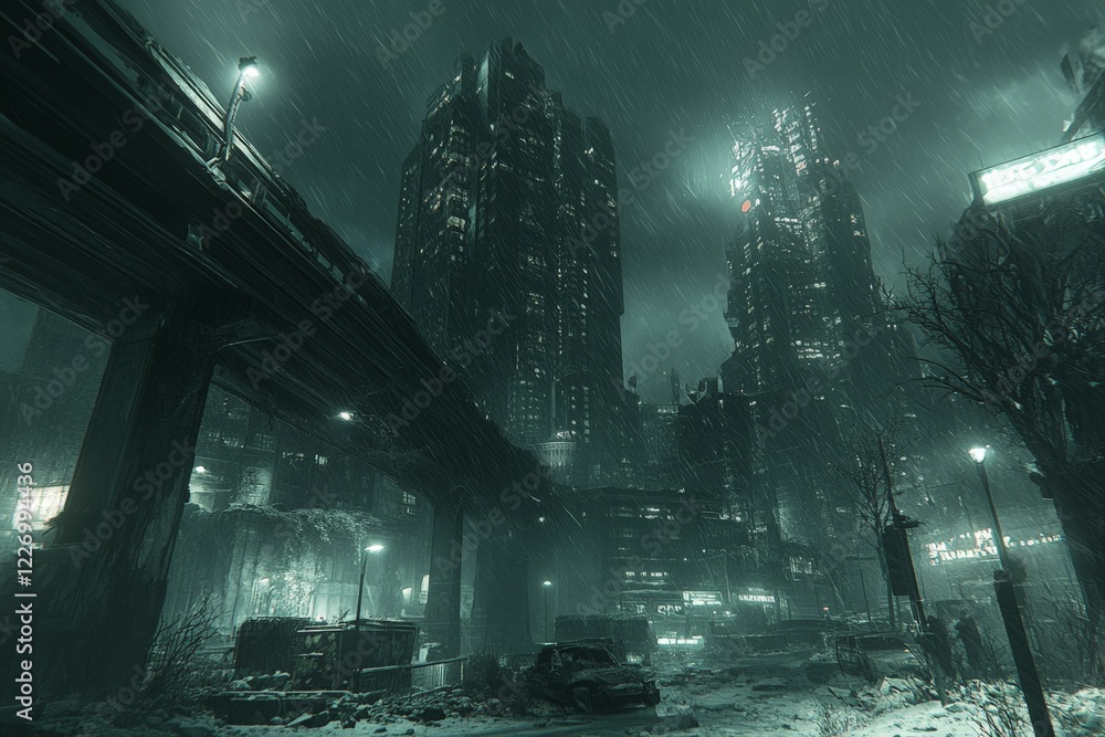 Obraz premium Dark urban landscape with towering skyscrapers and rain in a futuristic city
