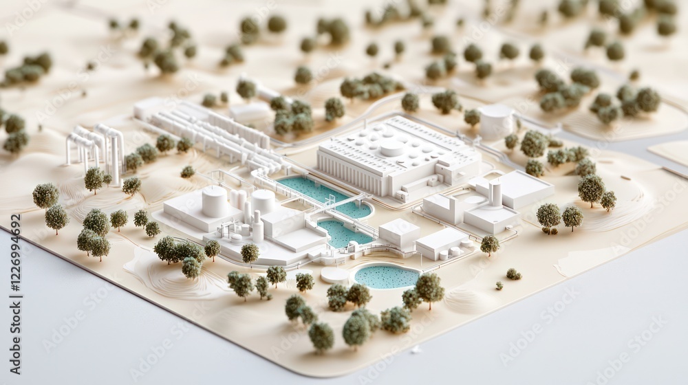 A detailed architectural model showcasing a landscaped area with buildings, water bodies, and greenery, designed for visual presentation. A detailed architectural model showcasing a landscaped area with buildings, water bodies, and greenery, designed for visual presentation.