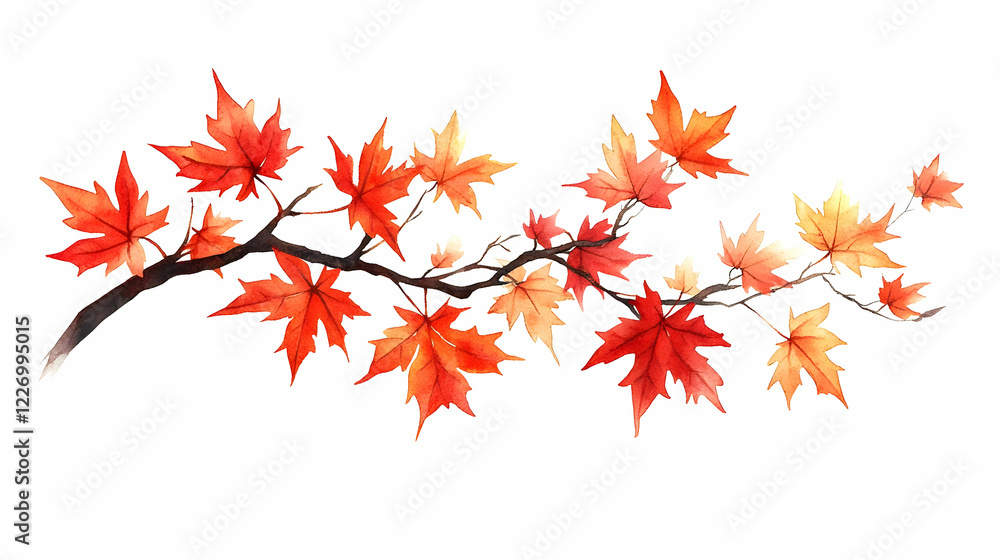 Autumn maple branch watercolor, white background, design element