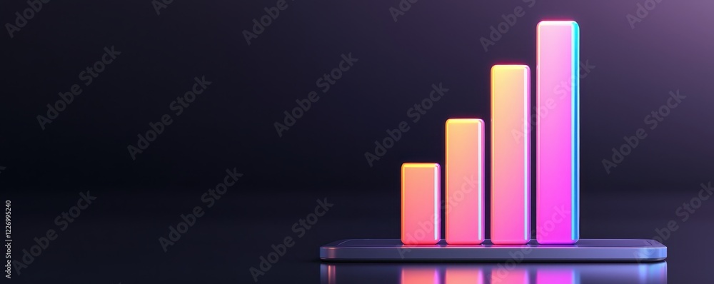 Obraz premium Neon business growth chart. Colorful bar graph rising on a smartphone screen, indicating growth and progress.