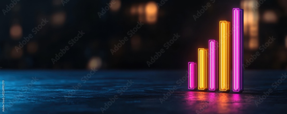 Neon business growth chart. Colorful neon bars representing financial growth set against a dark background. Neon business growth chart. Colorful neon bars representing financial growth set against a dark background.