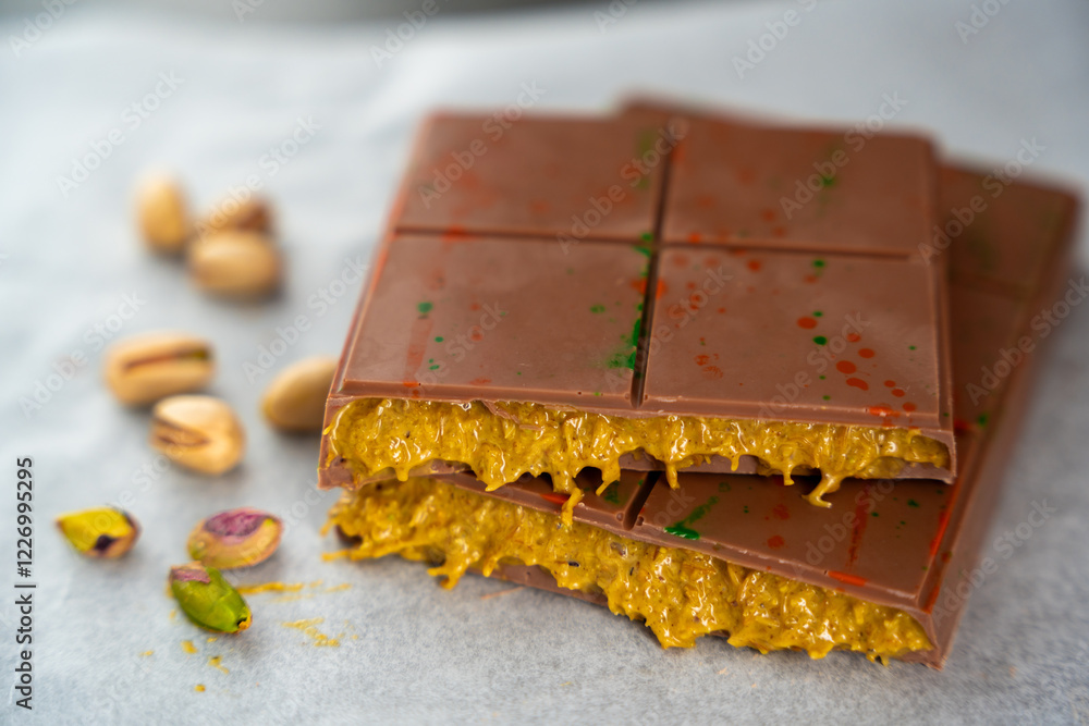 Trend Dubai chocolate with pistachio paste and kataifi dough. Confectionery handmade sweets at home in the kitchen. Trend Dubai chocolate with pistachio paste and kataifi dough. Confectionery handmade sweets at home in the kitchen.