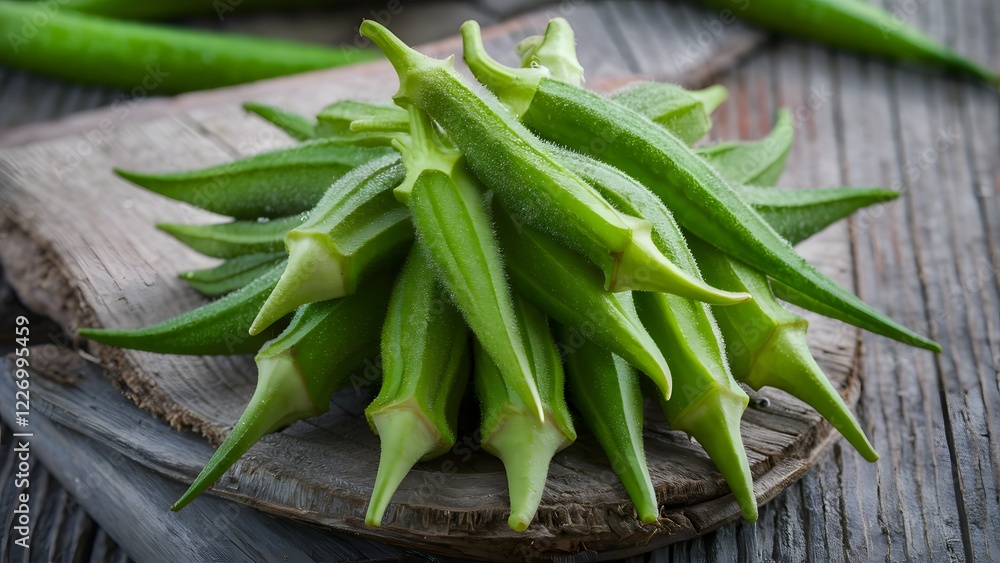 A bunch of fresh okra pods on a wooden table.
A bunch of fresh okra pods on a wooden table.