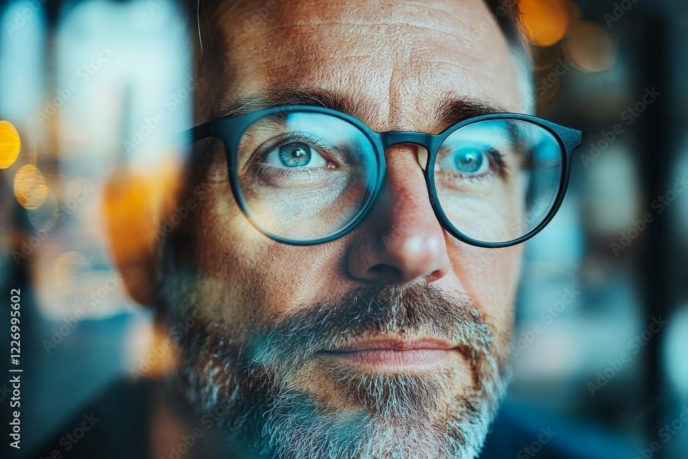 Man with glasses reflecting deep thought while gazing outside during twilight at a vibrant urban setting Man with glasses reflecting deep thought while gazing outside during twilight at a vibrant urban setting