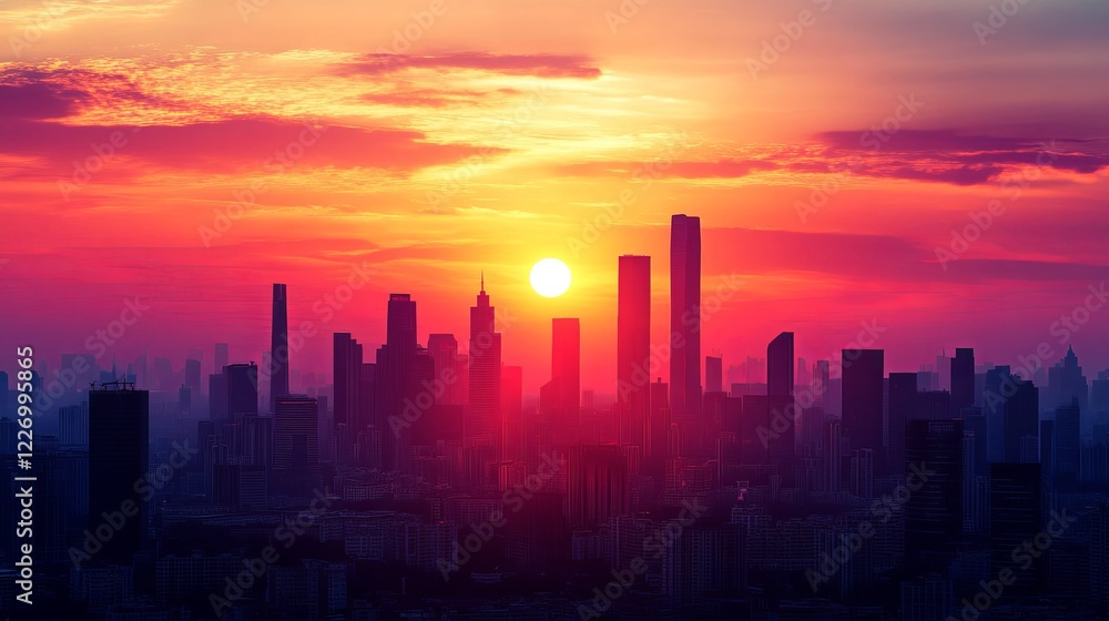 A vibrant sunset over a city skyline with silhouettes of skyscrapers. picture A vibrant sunset over a city skyline with silhouettes of skyscrapers. picture