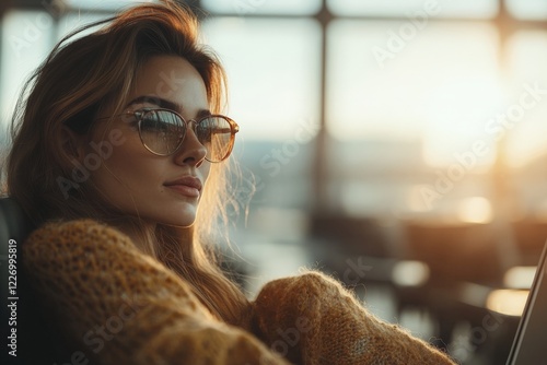 Young woman enjoys golden hour sunlight while seated indoors at a modern cafe, dressed in cozy attire and stylish glasses photo