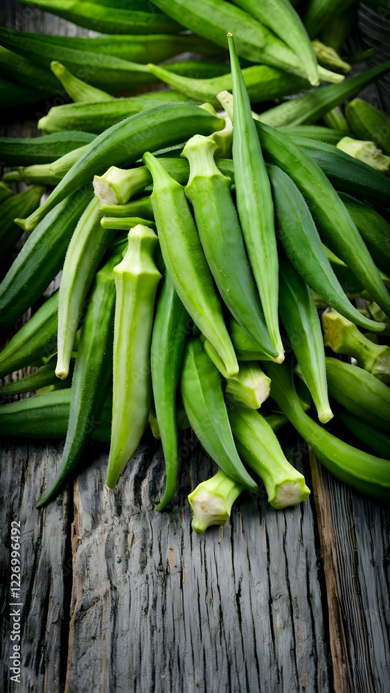 Several okra pods placed on a wooden surface.
Several okra pods placed on a wooden surface.