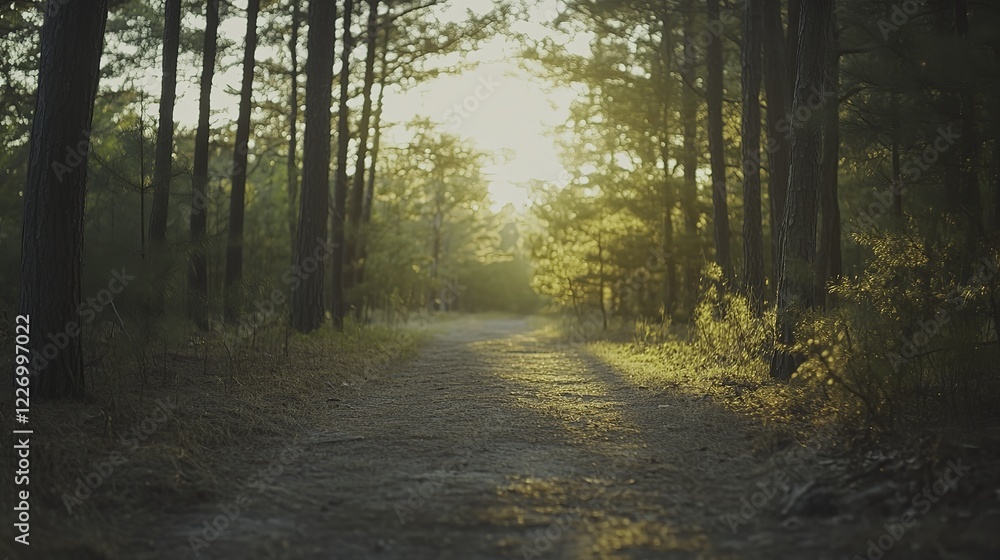 Fototapeta premium Golden sunlight illuminates a tranquil forest path, evoking peace and natural harmony.