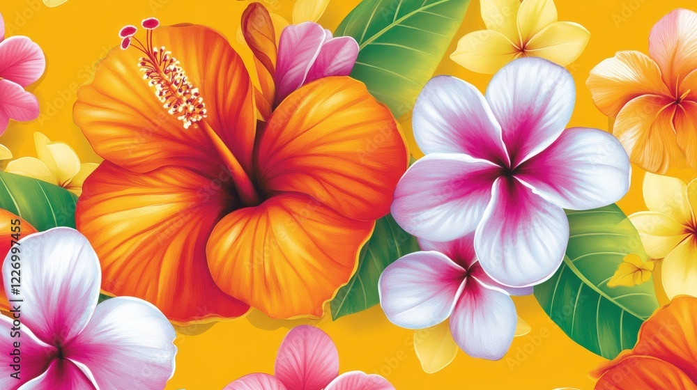 Obraz premium Bright Tropical Floral Background with Hibiscus and Plumeria Flowers in Vivid Colors