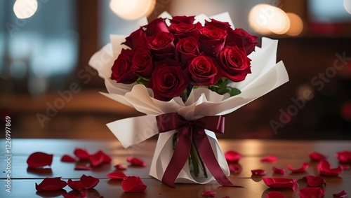 Fototapeta Naklejka Na Ścianę i Meble -  A bouquet of red roses wrapped in white paper and tied with a silk ribbon stands on a rustic wooden table surrounded by scattered rose petals 