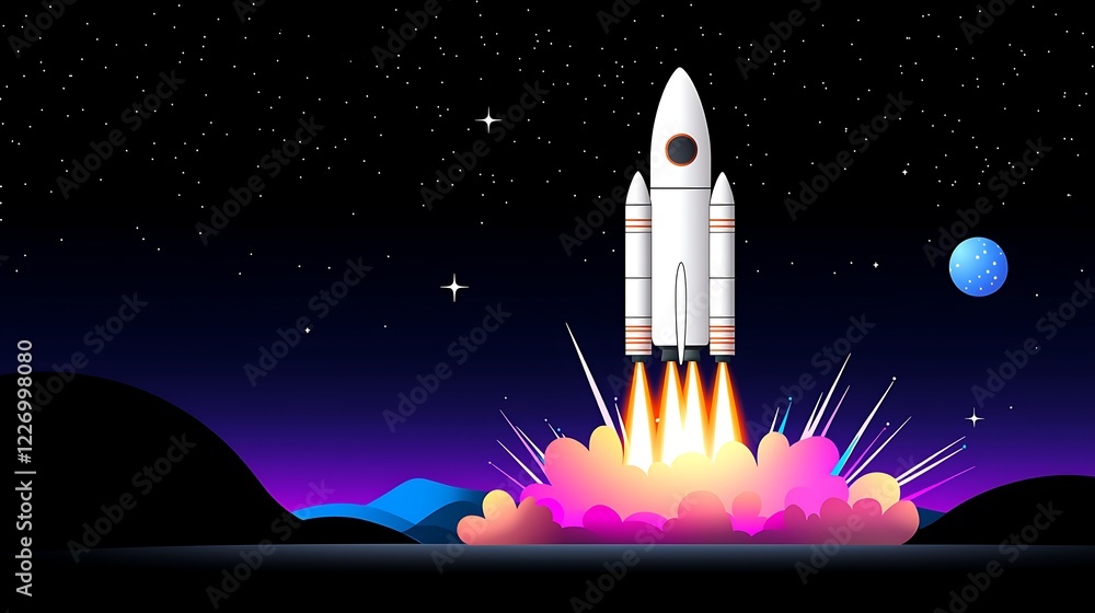 Fototapeta premium Pixel Art Rocket Launching into a Starry Night Sky