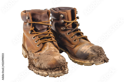 Pair of Muddy Leather Hiking Boots Isolated on a White Background Ready for Outdoor Adventures