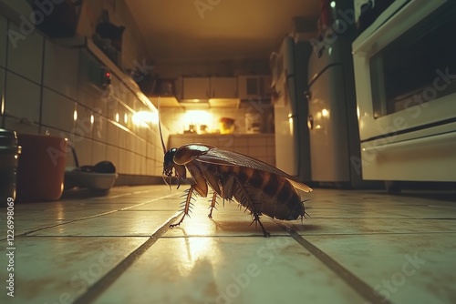 Cockroach exploring a kitchen at night with warm lighting in the background photo