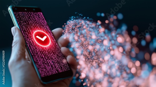 A high-tech smartphone screen displays a red alert verification symbol with a glowing checkmark, surrounded by cascading digital data particles. Smartphone data theft, cyber fraud, cheating photo