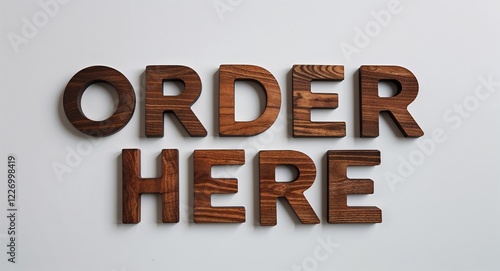 order here word made of brown wood letters on plain white background photo