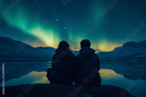 Two tourists sitting by a serene lake, admiring the northern lights as they reflect beautifully on the water under a starry winter night sky