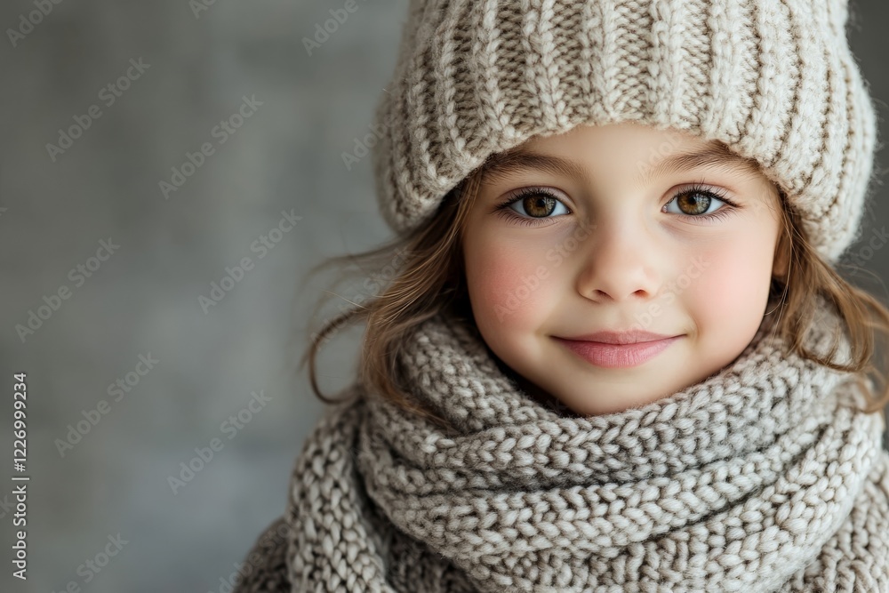 Young girl wearing a knitted hat and scarf, smiling warmly in a cozy setting during winter Young girl wearing a knitted hat and scarf, smiling warmly in a cozy setting during winter