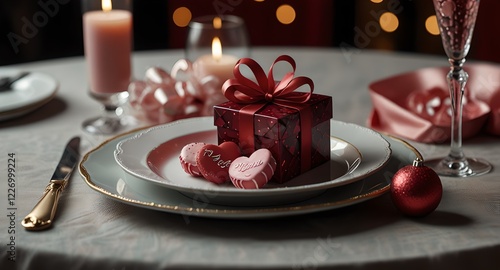 A beautifully arranged Valentine's table with a red gift box, two wine glasses, and decorative heart-shaped accents. 