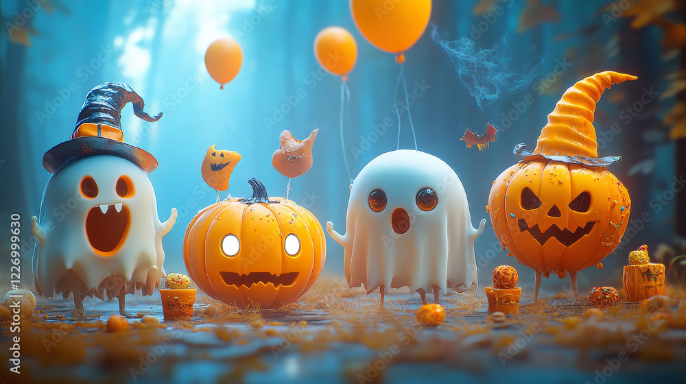 Cartoon retro 70s 80s groovy Halloween ghost characters and holiday scary sweets. Vector cute ghost personages wearing trick or treat monster costumes with Halloween pumpkins, witch hats and balloons Cartoon retro 70s 80s groovy Halloween ghost characters and holiday scary sweets. Vector cute ghost personages wearing trick or treat monster costumes with Halloween pumpkins, witch hats and balloons