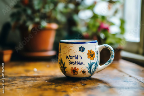 Wallpaper Mural Hand painted mug with the inscription World's Best Mom placed on a wooden table, creating a heartwarming Mother's Day scene Torontodigital.ca
